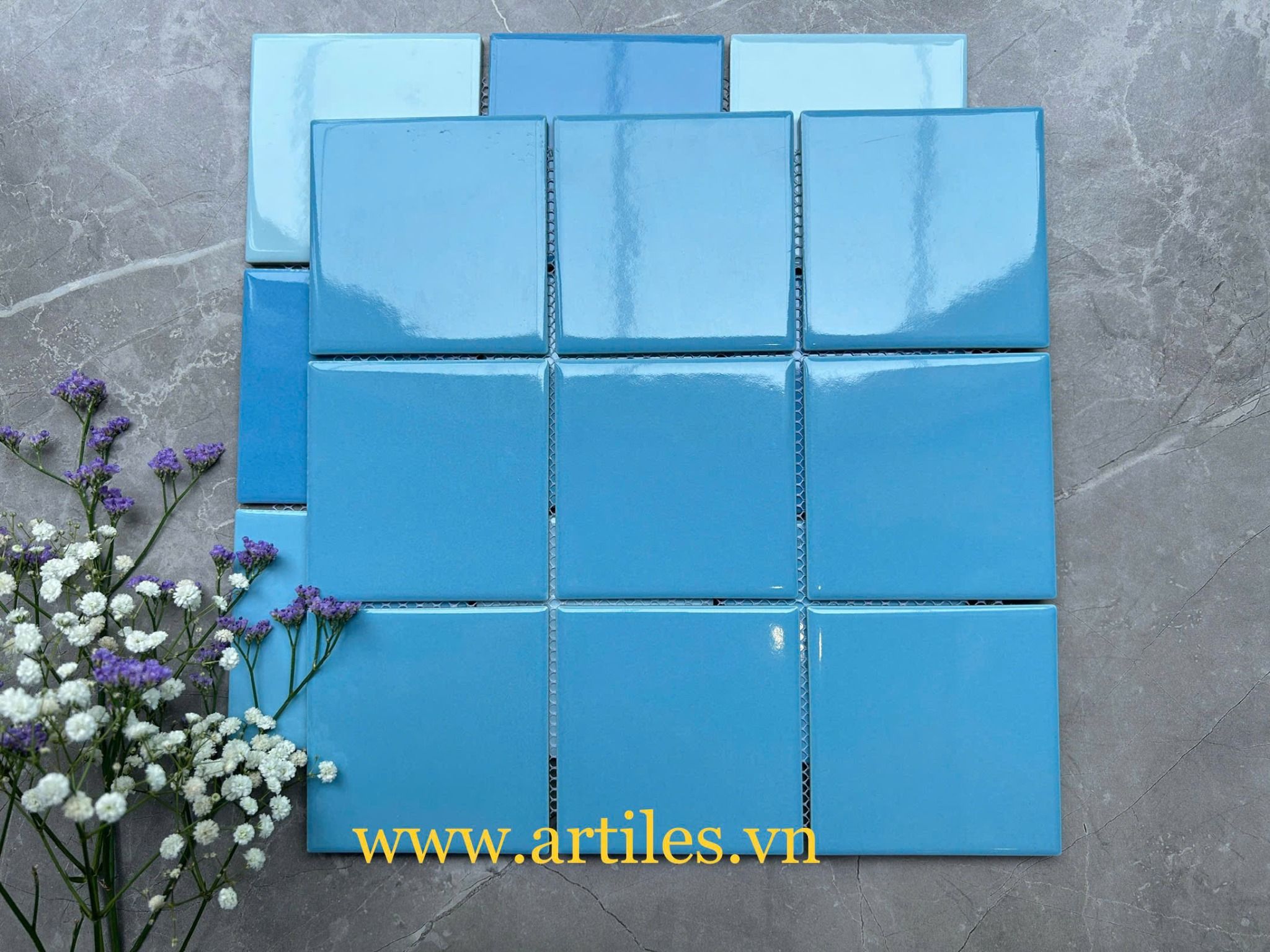 Gạch Mosaic 10x10 Men Bóng Màu Xanh Biển Art704