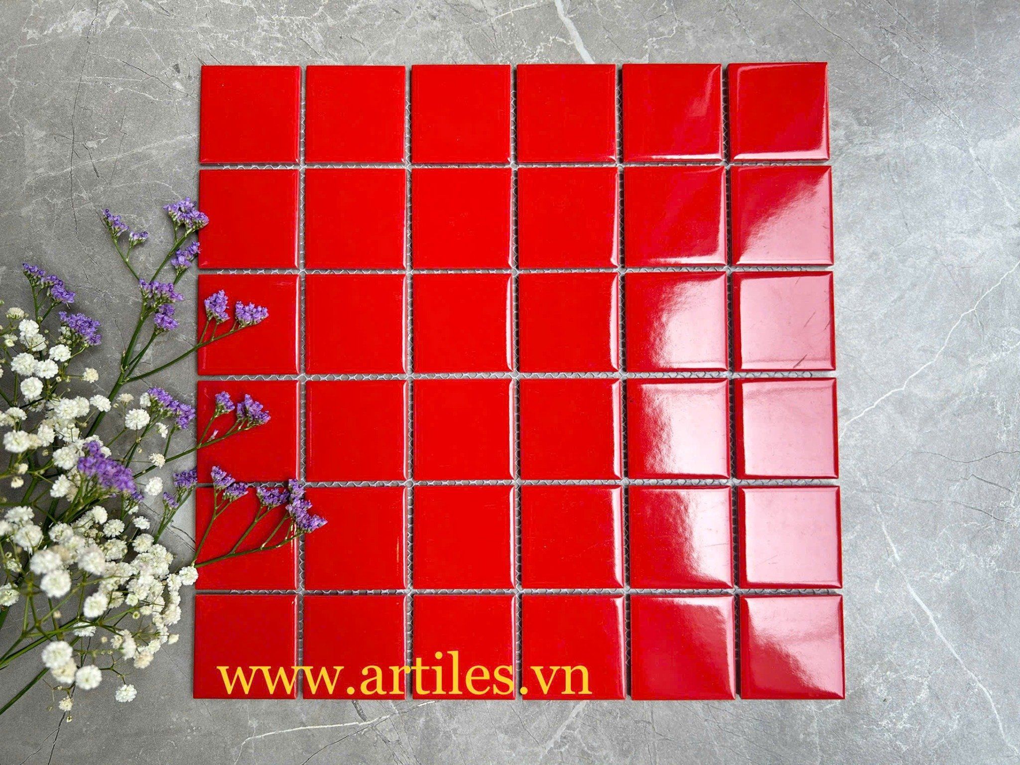 Gạch mosaic màu đỏ bóng 48x48mm Art16