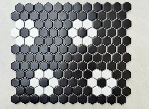  Gạch mosaic lục giác đen mix hoa trắng 