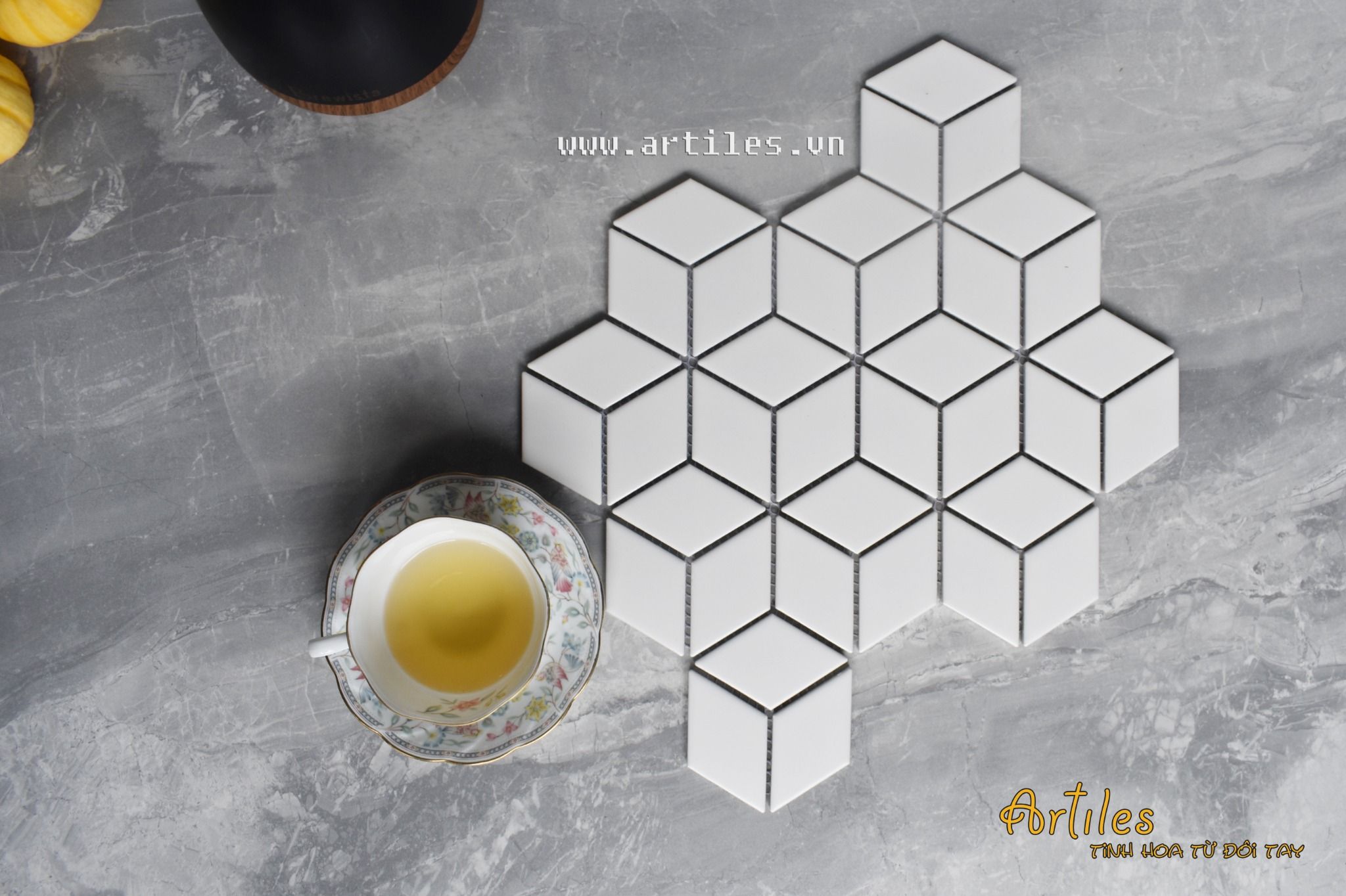 Gạch Mosaic Kim Cương Lập Phương Trắng Mờ ArtM4802