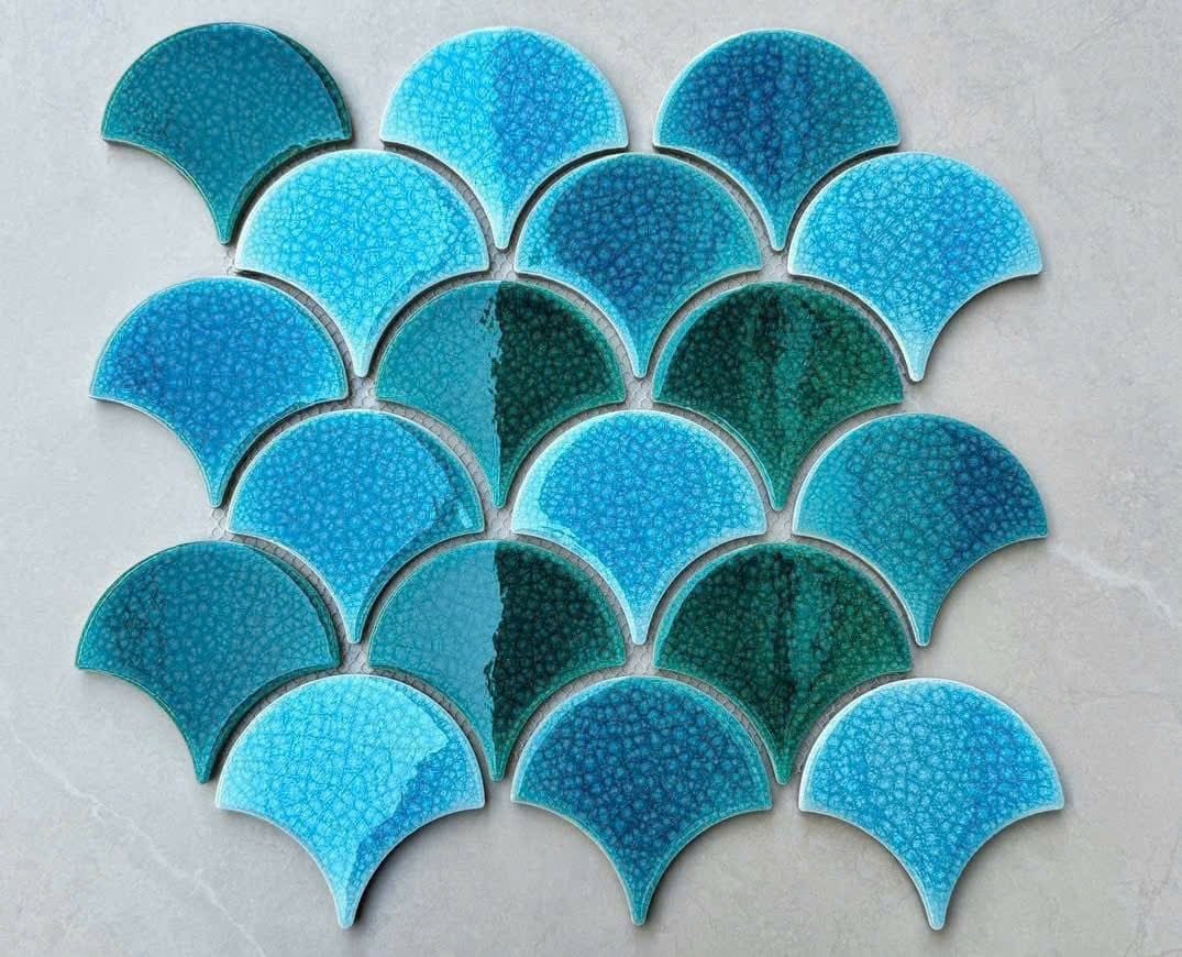 Gạch mosaic vảy cá men rạn mix màu xanh ArtM9002