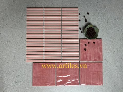  Gạch mosaic men rạn đũa màu hồng 