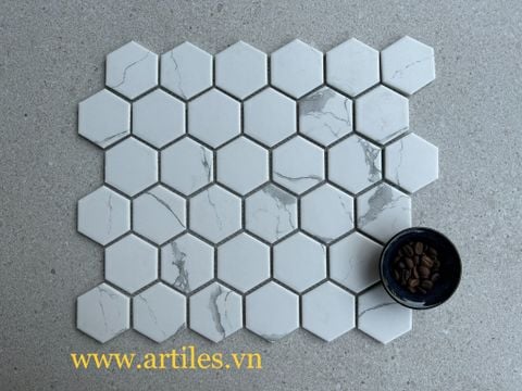  Gạch mosaic lục giác trắng vân đá 