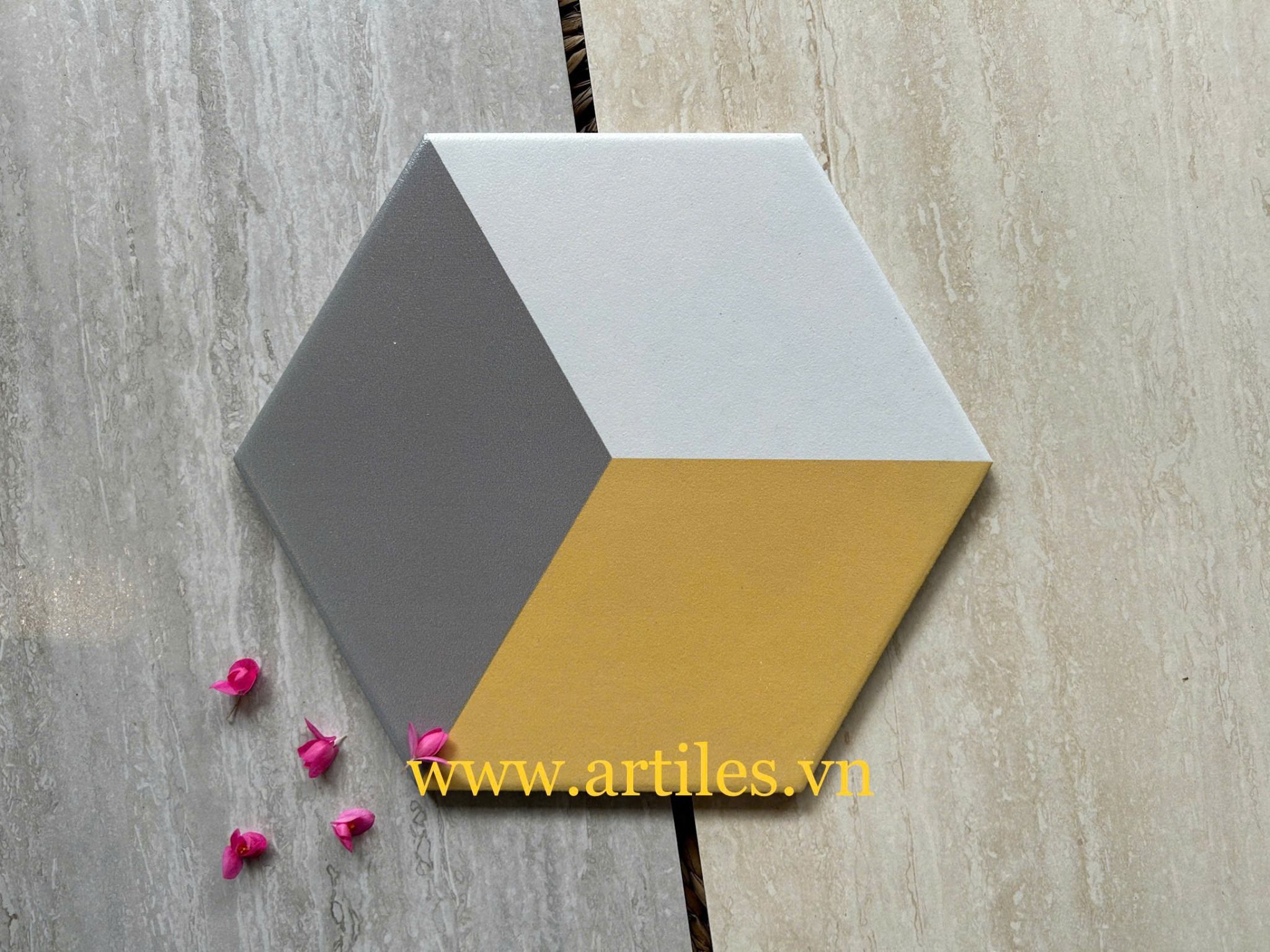 Lục giác 3D xám vàng trắng