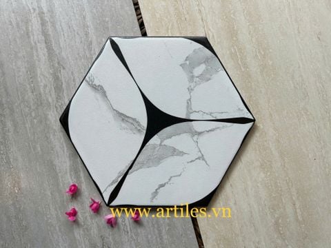  Lục giác trắng carrara xẻ nhánh đen 