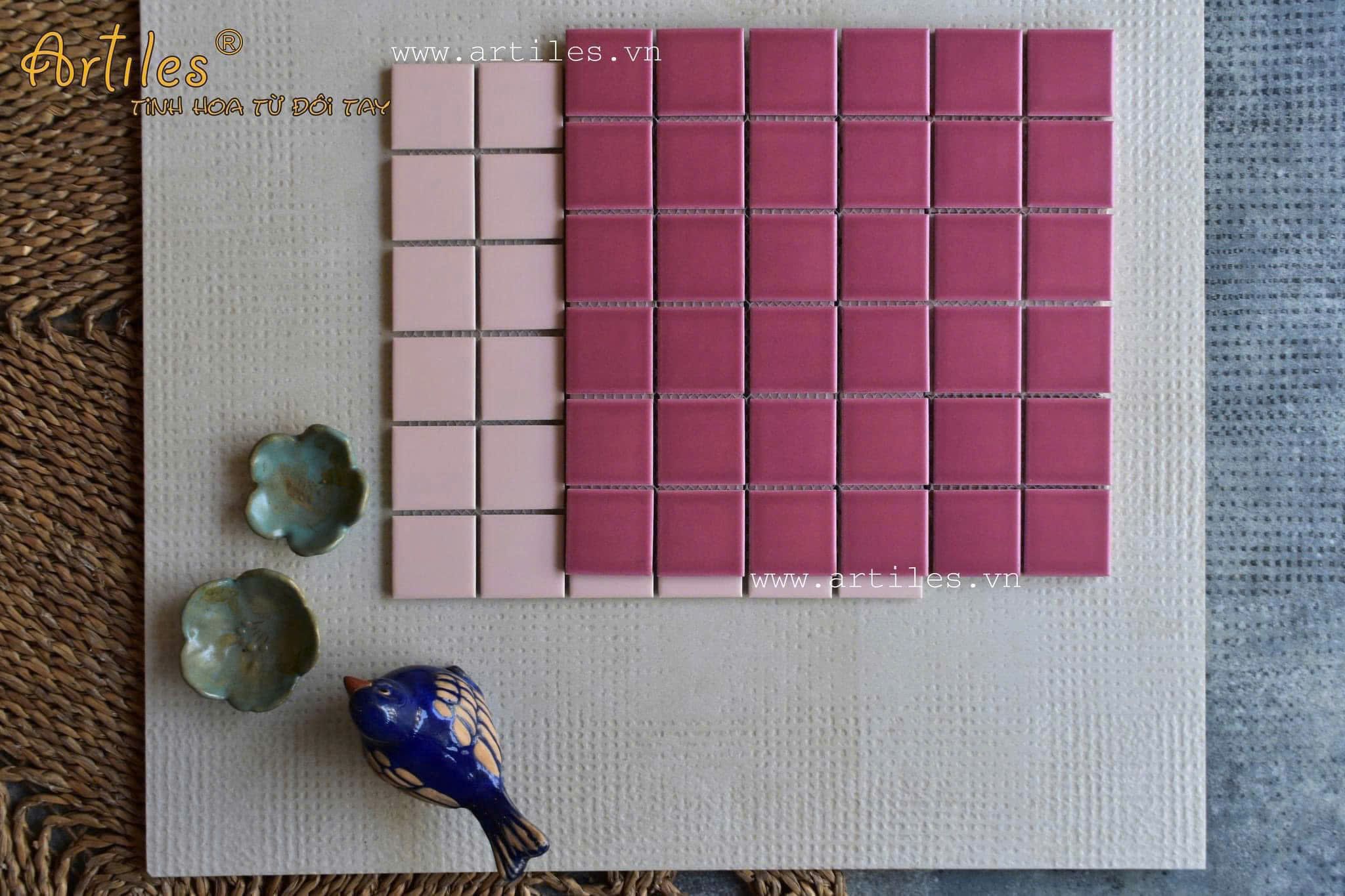 Gạch mosaic vuông màu hồng mờ ArtM688