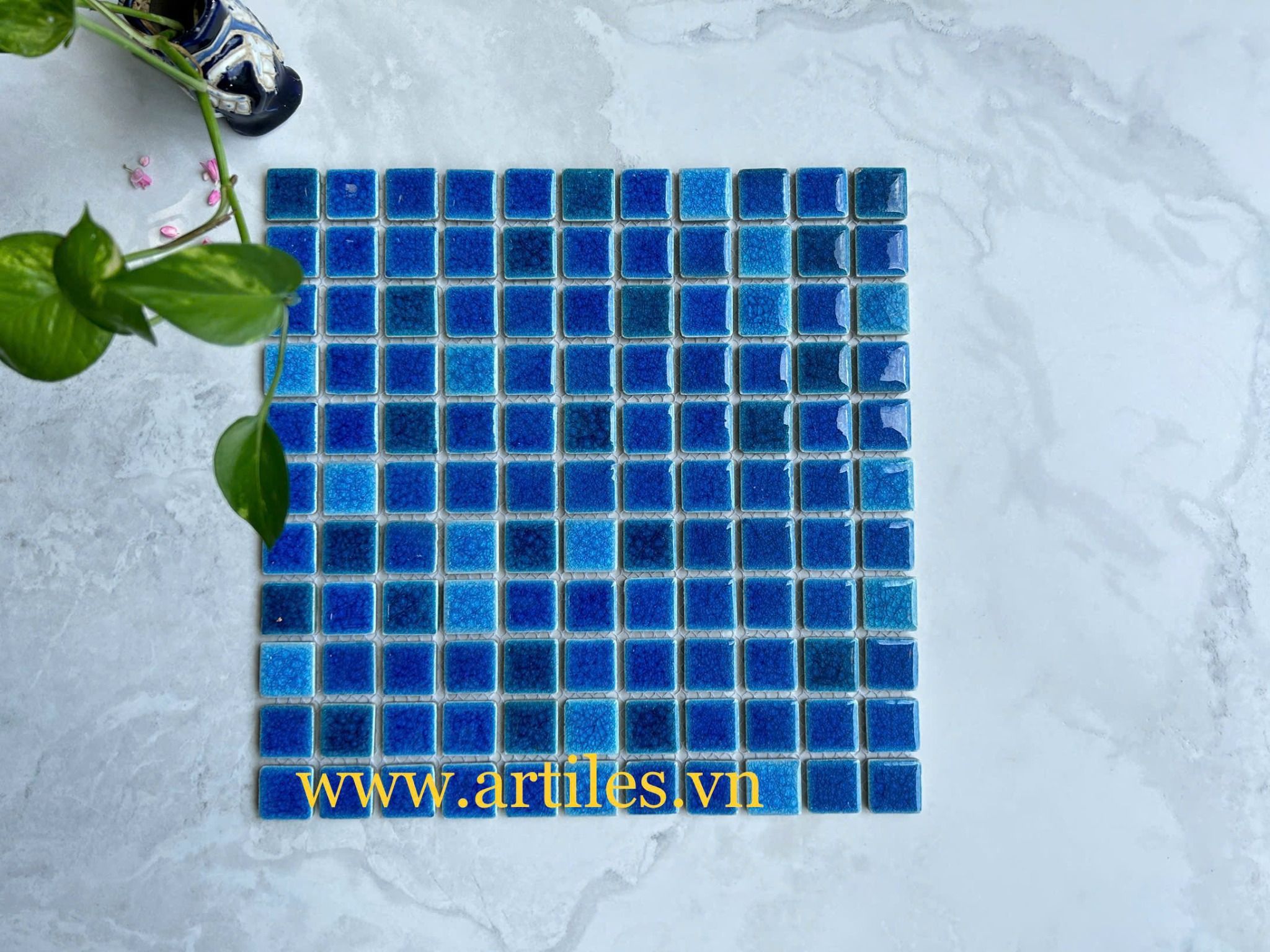 Gạch mosaic gốm men rạn màu xanh Art2538