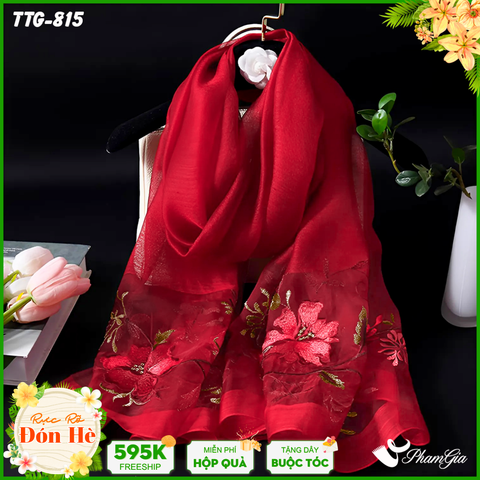 Khăn Choàng Tơ Tằm Gân Cao Cấp Thêu Hoa Mộc Lan Màu Đỏ Sang Trọng (TTG815)