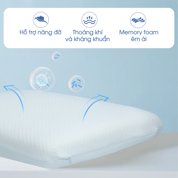 Gối hỗ trợ ngủ ngon Memory Foam Supportive cao su non NIN House 60x40x12cm