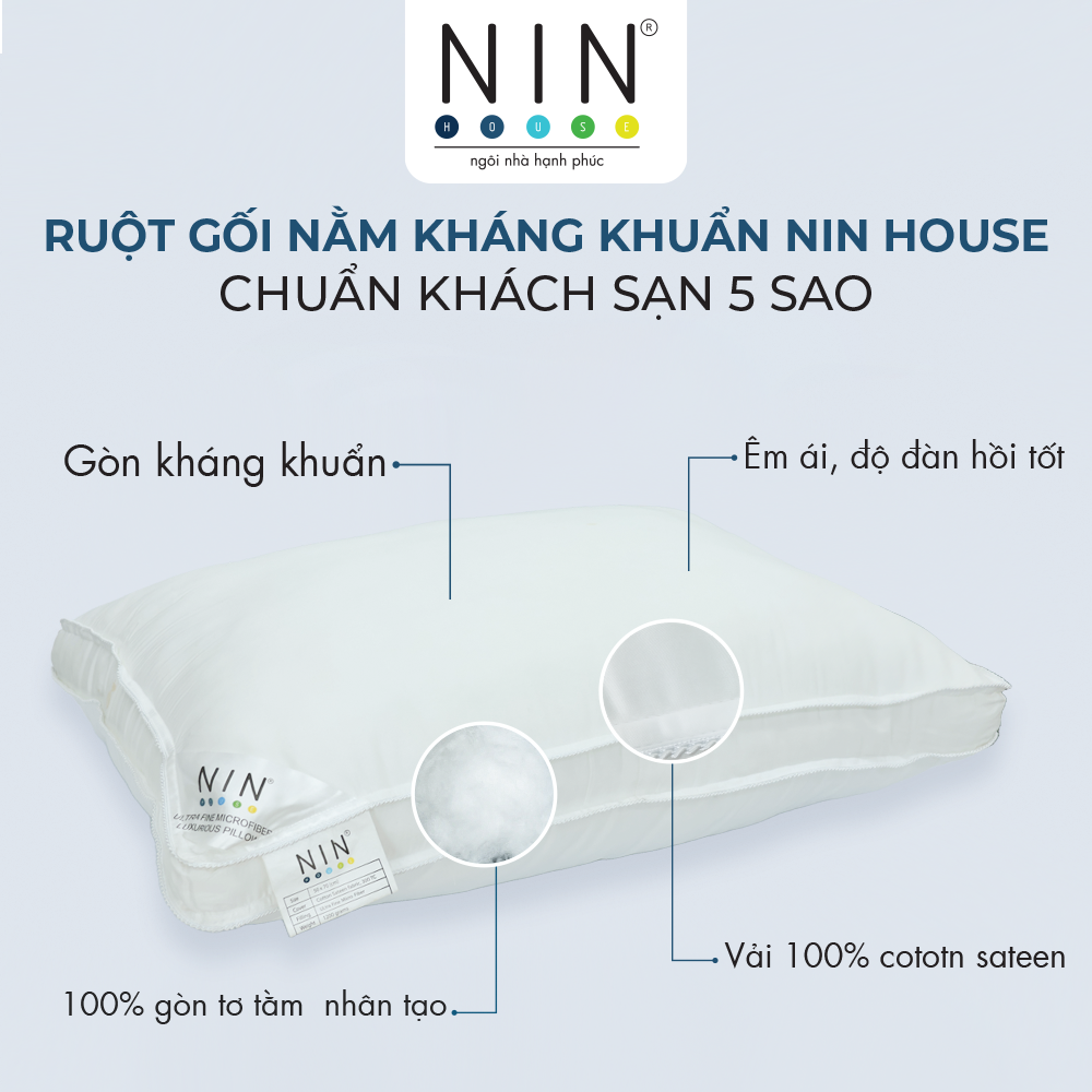 Ruột gối nằm kháng khuẩn 50x70cm NIN House gòn tơ tằm công nghiệp kháng khuẩn