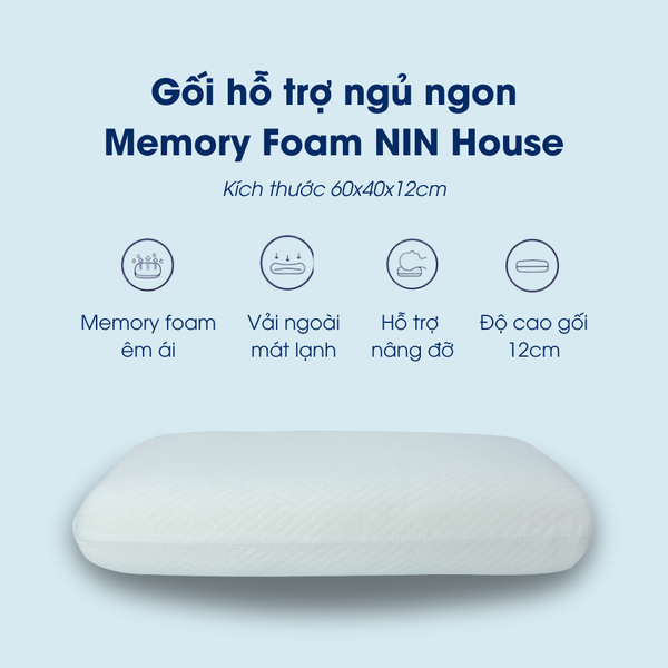 Gối hỗ trợ ngủ ngon Memory Foam Supportive cao su non NIN House 60x40x12cm