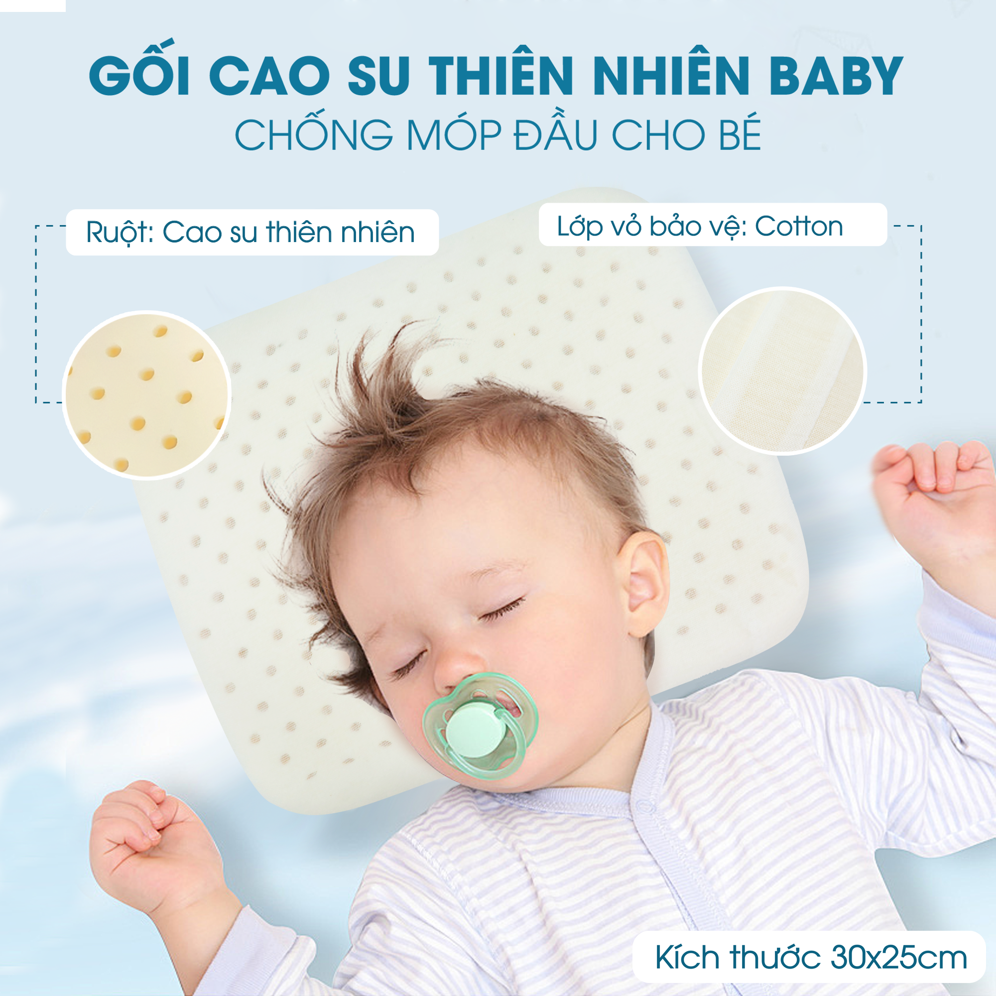 Gối cao su thiên nhiên Baby NIN House 30x25cm cho trẻ sơ sinh chống móp đầu