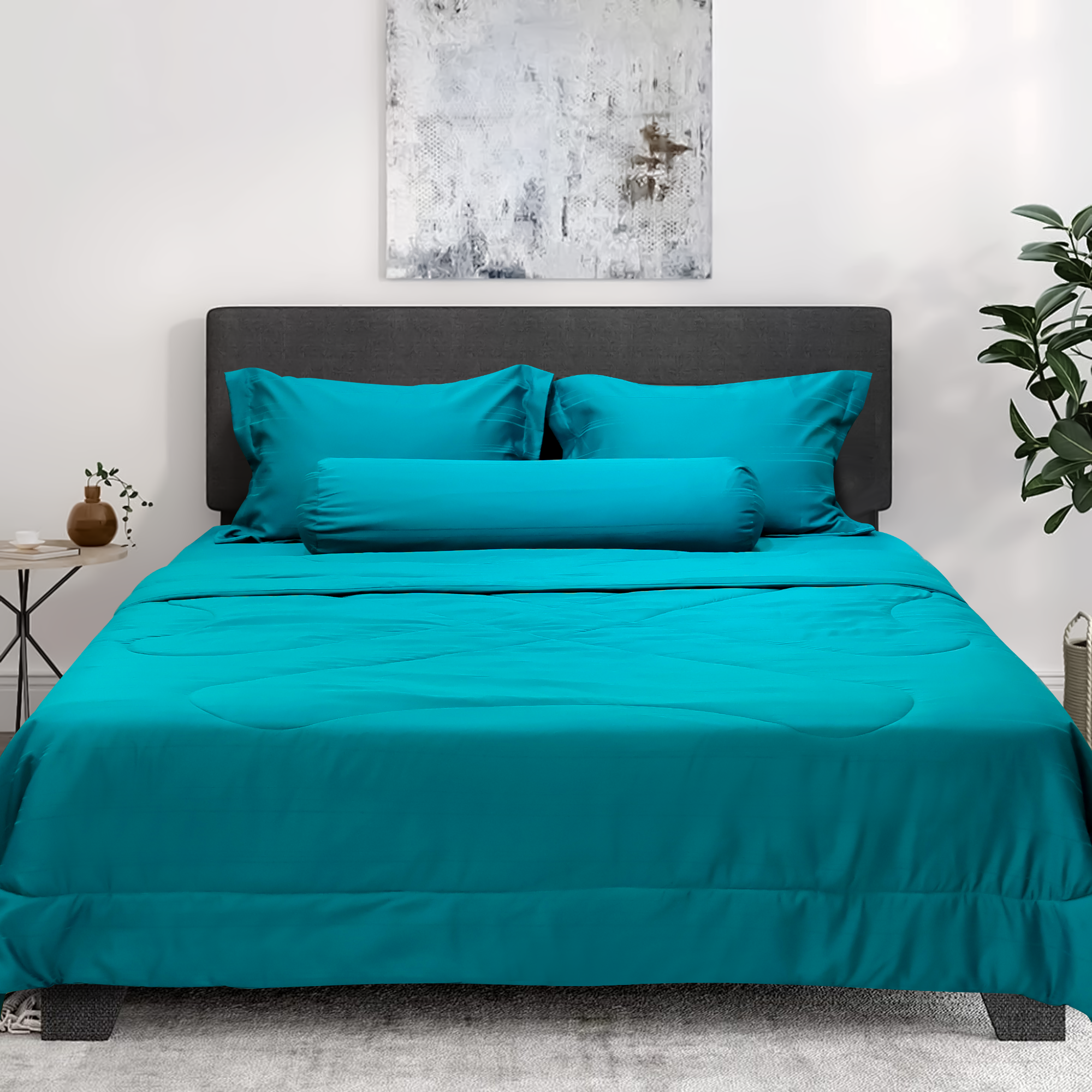 C190710 - Bộ chăn ga gối cotton nhung NIN CLASSIC xanh thiên thanh Teal Blue
