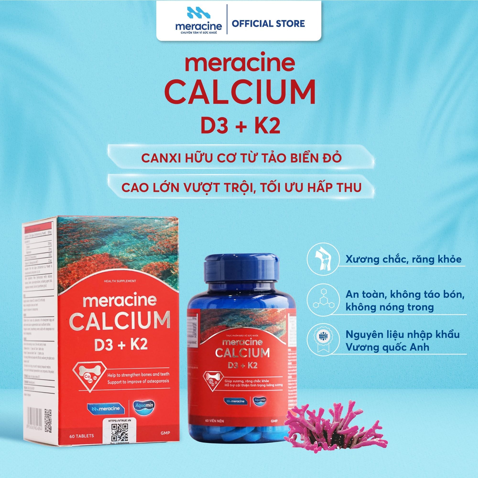 TPBVSK Canxi hữu cơ tảo biển đỏ Meracine Calcium D3K2 - Giúp xương răng chắc khoẻ ( Lọ 60 viên)