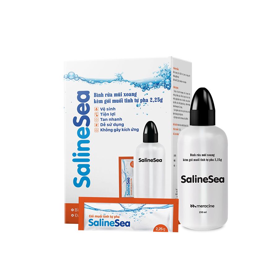 Bình rửa mũi xoang kèm gói muối tinh tự pha 2.25g SalineSea (Hộp 10 gói x 2.25g)