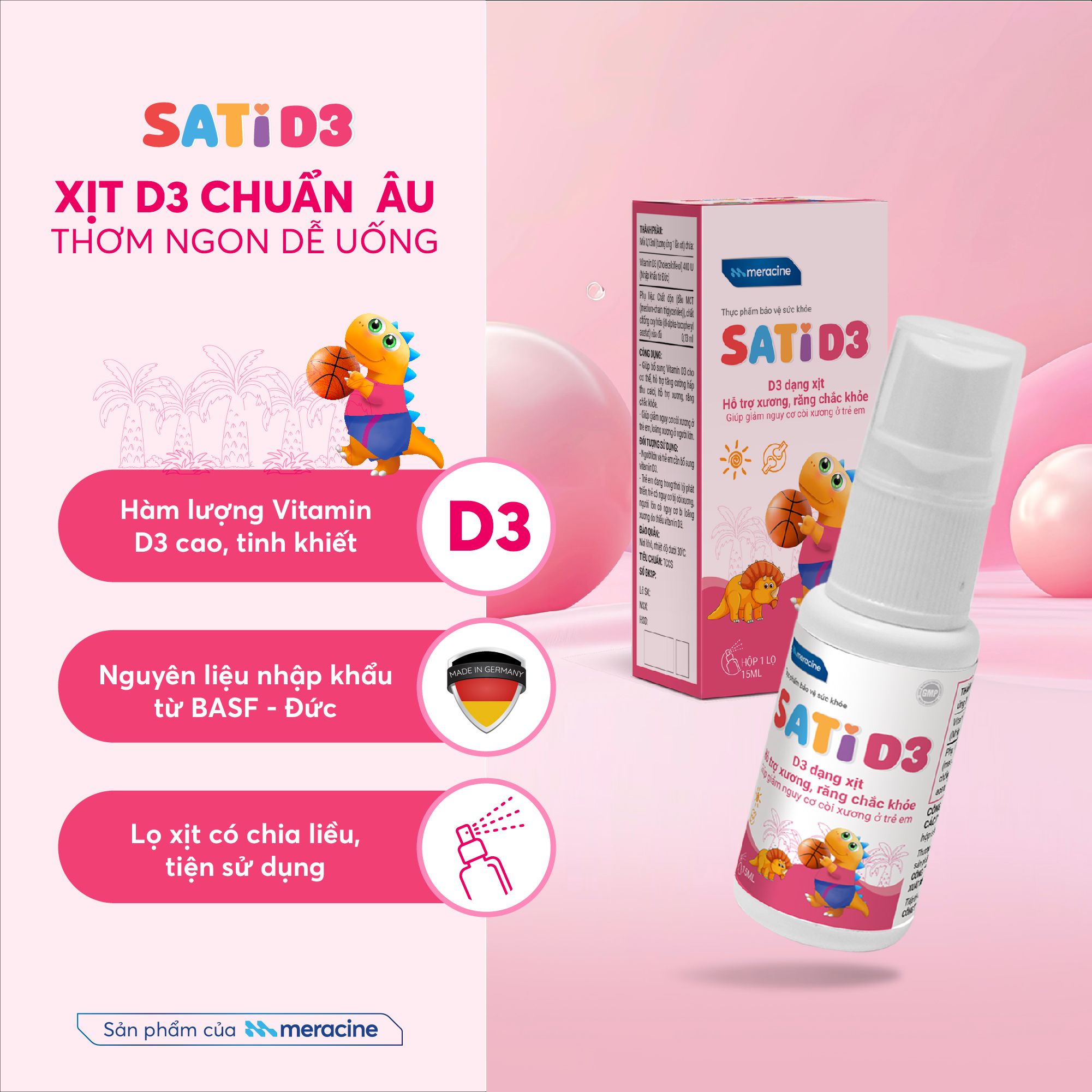 Xịt SatiD3 - Nguyên liệu nhập khẩu từ Đức, tối ưu hấp thu canxi - Hộp 1 lọ 15ml
