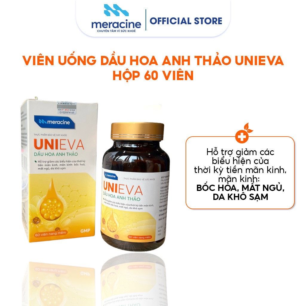 TPBVSK UniEva bổ sung 1000mg dầu hoa anh thảo hỗ trợ giảm các biểu hiện của thời kỳ tiền mãn kinh, mãn kinh, lọ 60 viên