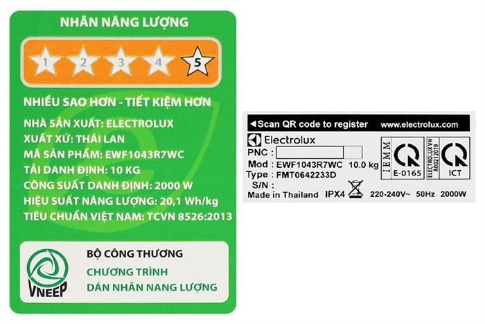 Máy giặt Electrolux UltimateCare 700 Inverter 10 kg EWF1043R7WC