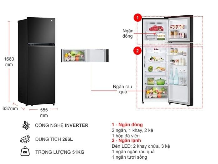 Tủ lạnh LG Inverter 266L GV-B262BL