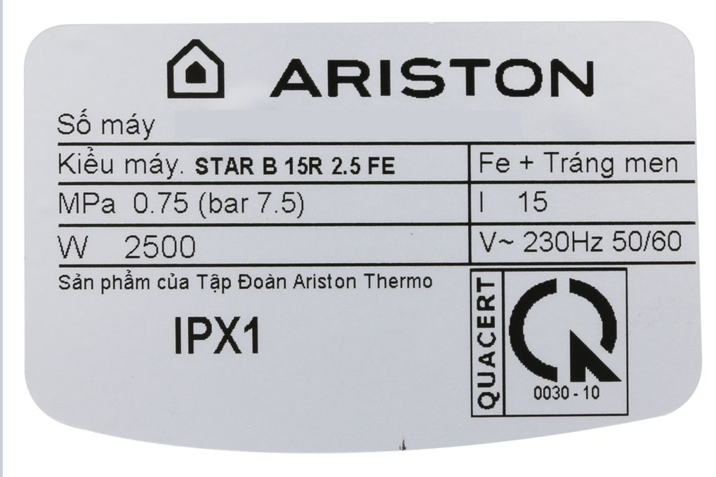 Bình nóng lạnh Ariston 15 lít STAR B 15 R 2.5 FE