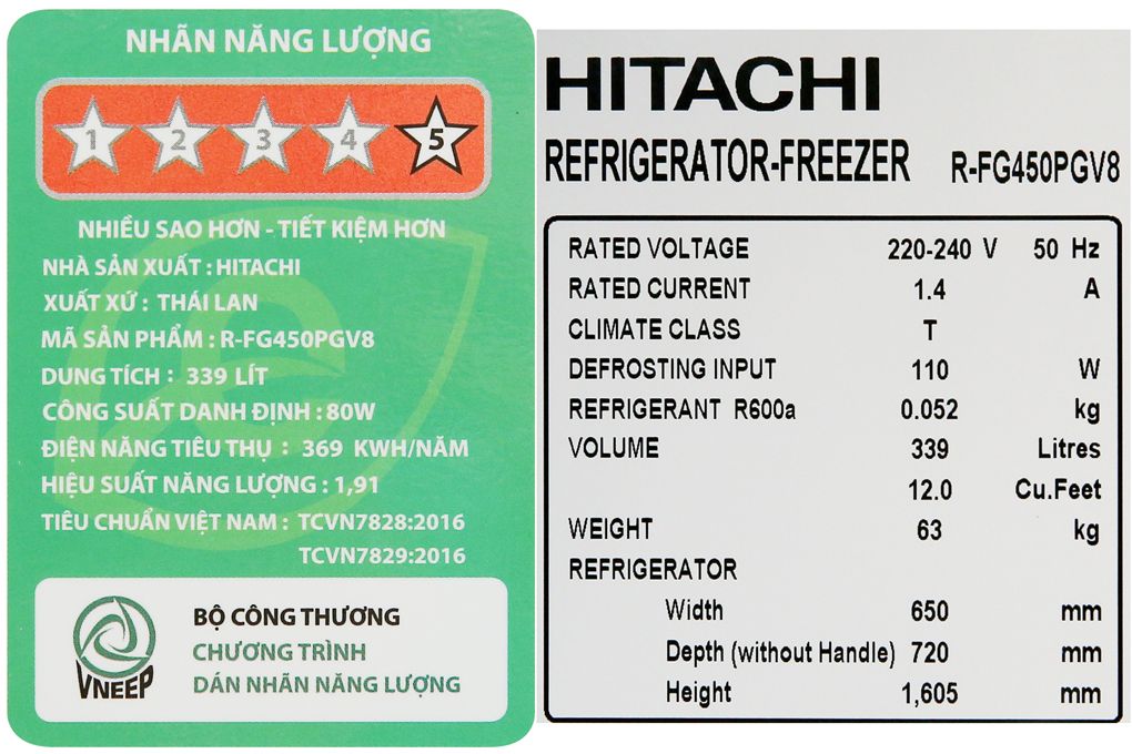 Tủ lạnh Hitachi Inverter 339 lít R-FG450PGV8 GBK