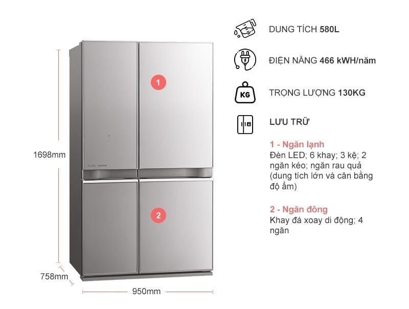 Tủ lạnh Mitsubishi Electric 580L MR-L72EN-GBK/GSL