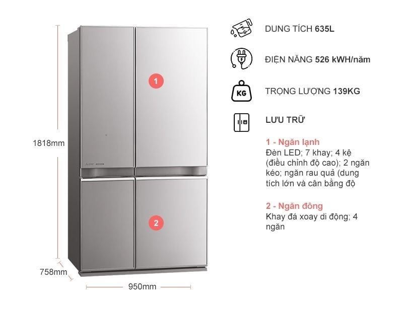 Tủ lạnh Mitsubishi Electric 635L MR-L78EN-GBK/GSL