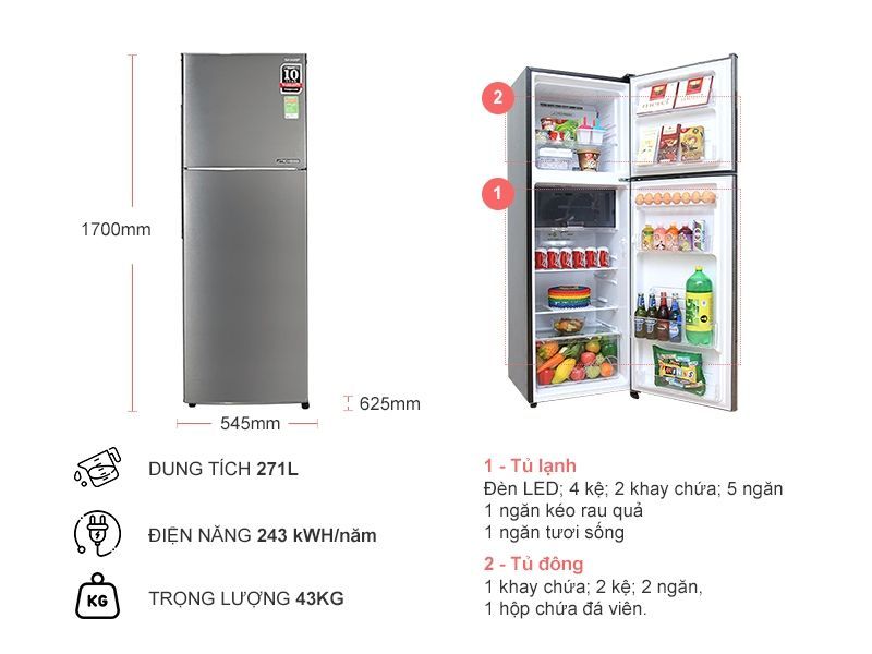 Tủ lạnh Sharp Inverter 271L SJ-X281E-SL