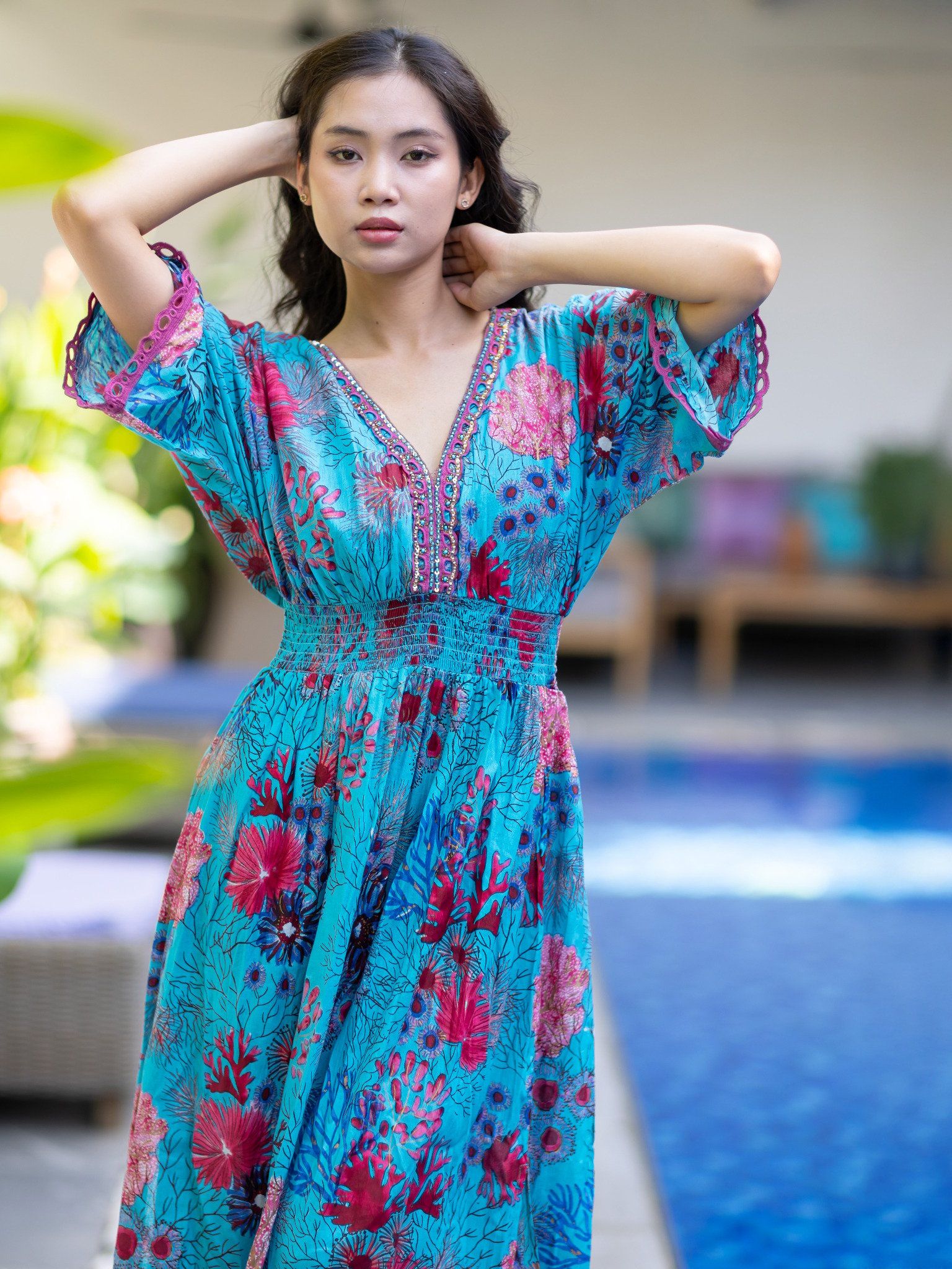 Maxi Kimono Hoa Kết Hạt Cotton Isla Bonita