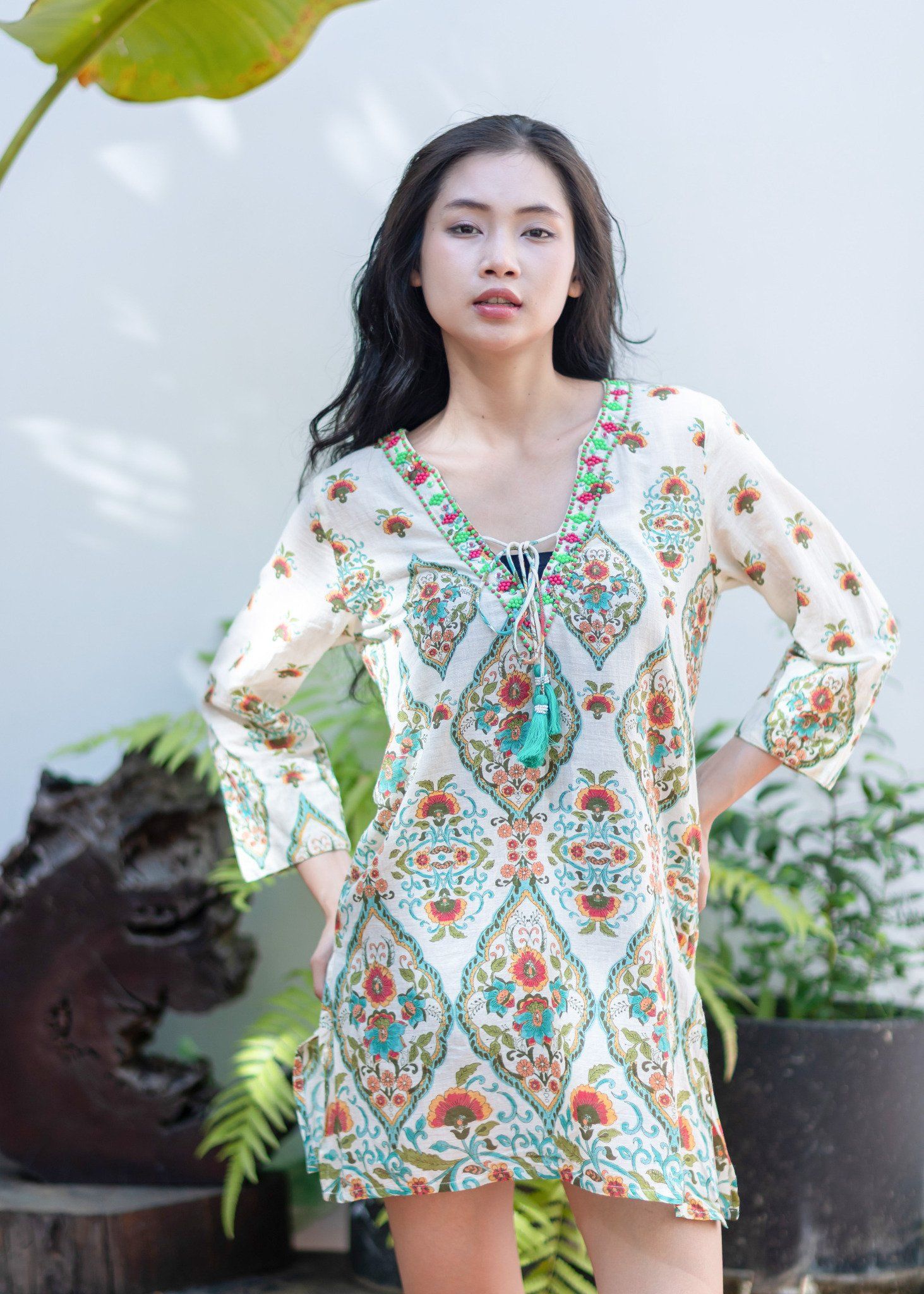 Đầm Xẻ Tà Kết Cườm Cotton Isla Bonita