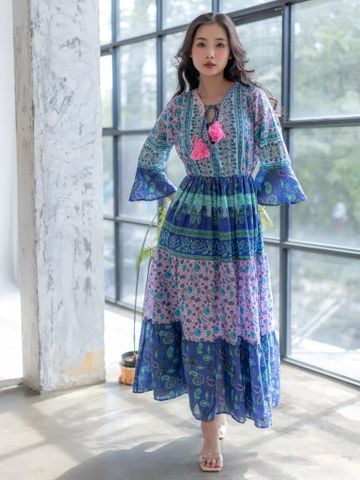  Maxi Hoa Phối Ren Ánh Bạc Cotton Isla Bonita 
