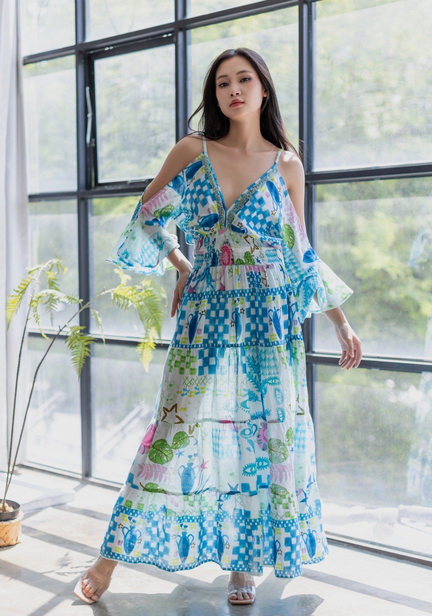 Maxi Kết Cườm Hở Vai Cotton Isla Bonita