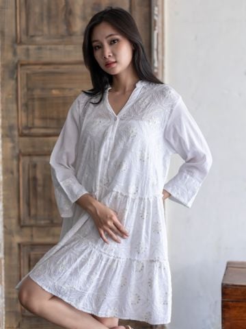  Đầm Trắng Thêu Phối Ren Kết Hạt Cao Cấp Cotton Isla Bonita 
