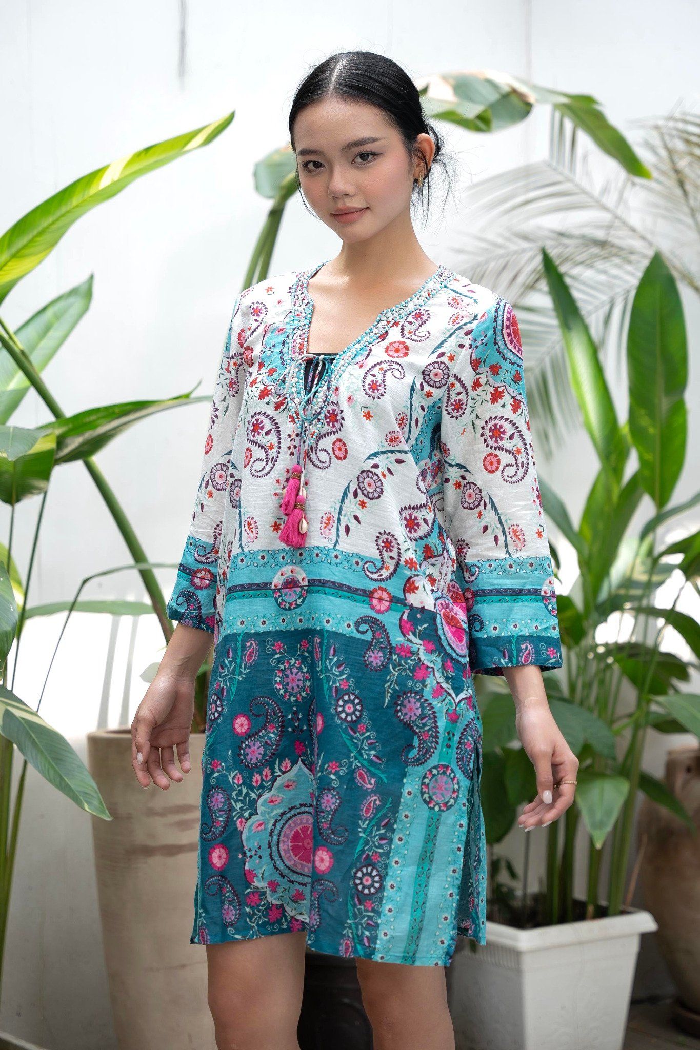 Đầm Xẻ Tà Kết Cườm Cotton Isla Bonita