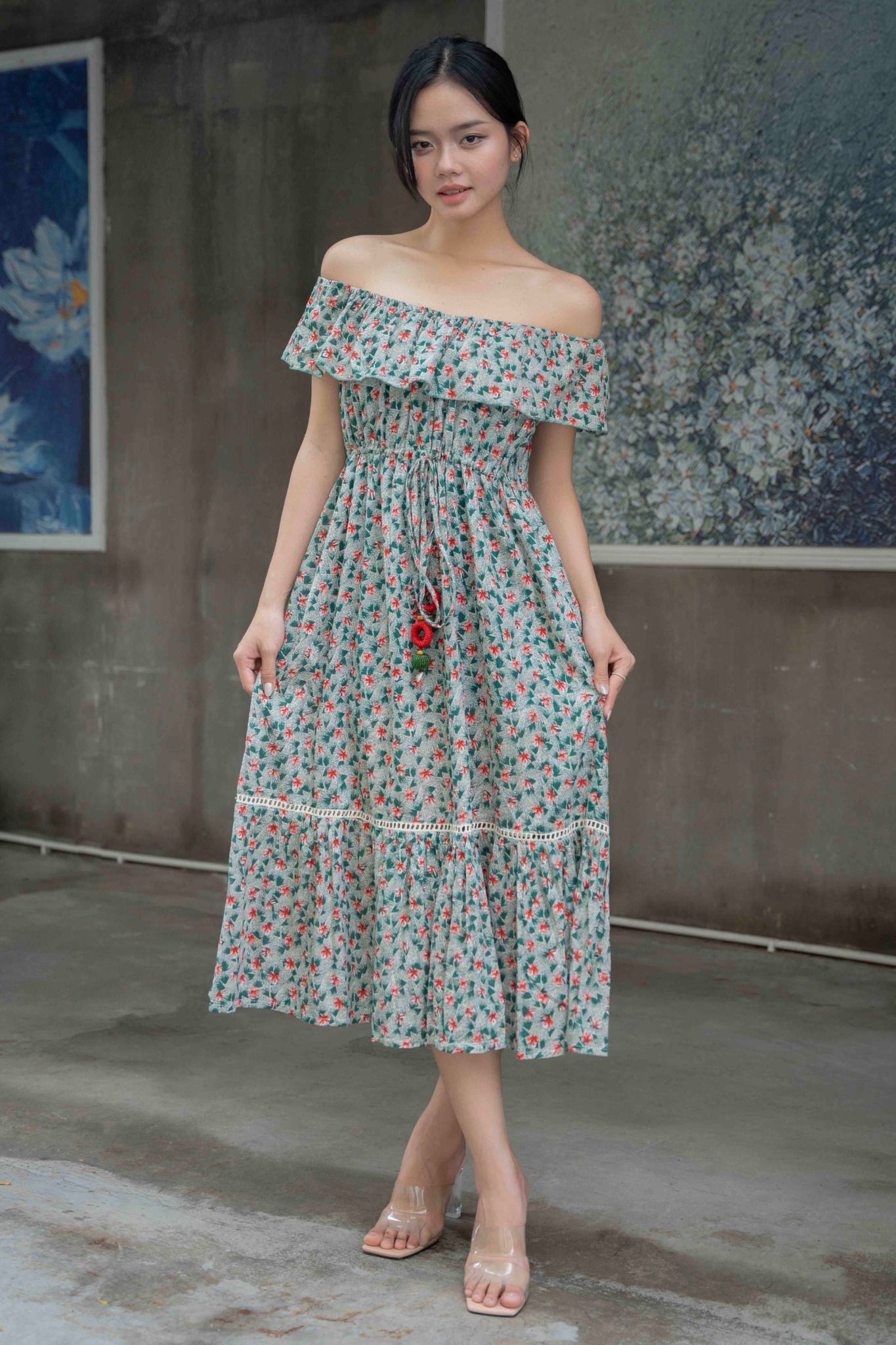 Maxi Cotton Trễ Vai Kết Cườm Isla Bonita