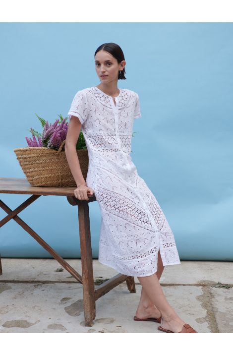Đầm Midi Trắng Thêu Cotton Luna Llena