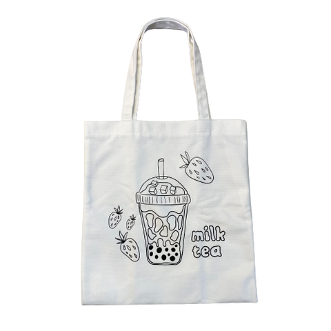 Túi Canvas trắng 38x34.5cm hình Trà Sữa
