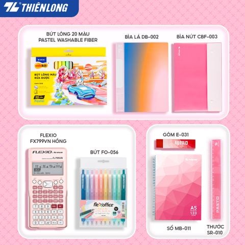 Combo Hồng ngọt ngào 08 món - Bộ dụng cụ học tập gồm Máy tính cầm tay màu Hot trend, sổ, bút trang trí, gôm, thước, bìa tài liệu