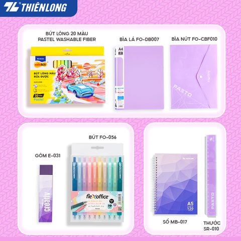 Combo Tím pastel 07 món - Bộ dụng cụ học tập thể hiện cá tính (Lưu trữ tài liệu, sổ, bút màu, bút trang trí)