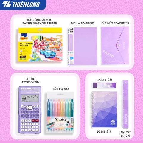 Combo Tím pastel 08 món - Bộ dụng cụ học tập gồm Máy tính cầm tay Hot trend, sổ, bút trang trí, gôm, thước, bìa tài liệu