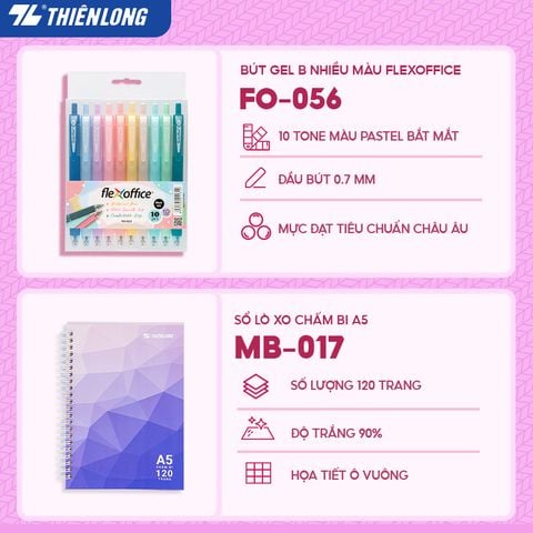 Combo Tím pastel 08 món - Bộ dụng cụ học tập gồm Máy tính cầm tay Hot trend, sổ, bút trang trí, gôm, thước, bìa tài liệu