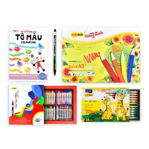 Combo Mỹ thuật SẮC MÀU - 5 Món (Vở vẽ A3, Bút chì gỗ 2B, Bút sáp màu, Bút sáp dầu, Sách tương tác)