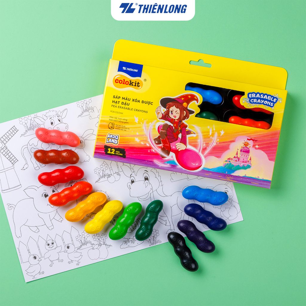 Sáp nhựa 12 màu xóa được - Erasable Crayons Thiên Long Colokit - Nhân vật Futy Akooland thế giới học cụ thần kỳ