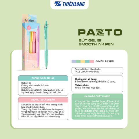 Bút gel B màu Pastel Thiên Long Flexoffice Pazto FO-GELB039/VN - Mực xanh (5 cây)