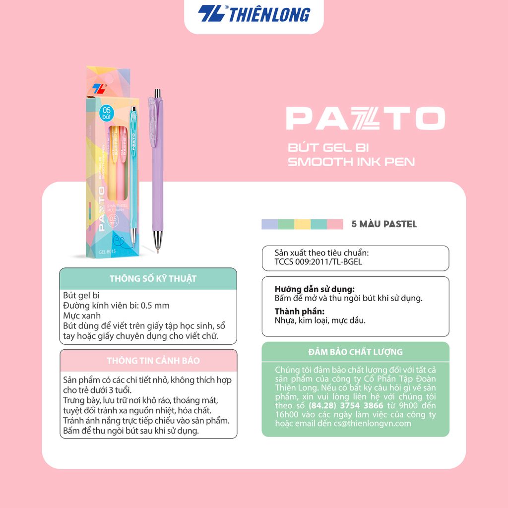 Bút gel B màu Pastel Thiên Long Pazto GEL-B015 - Mực xanh (5 cây)