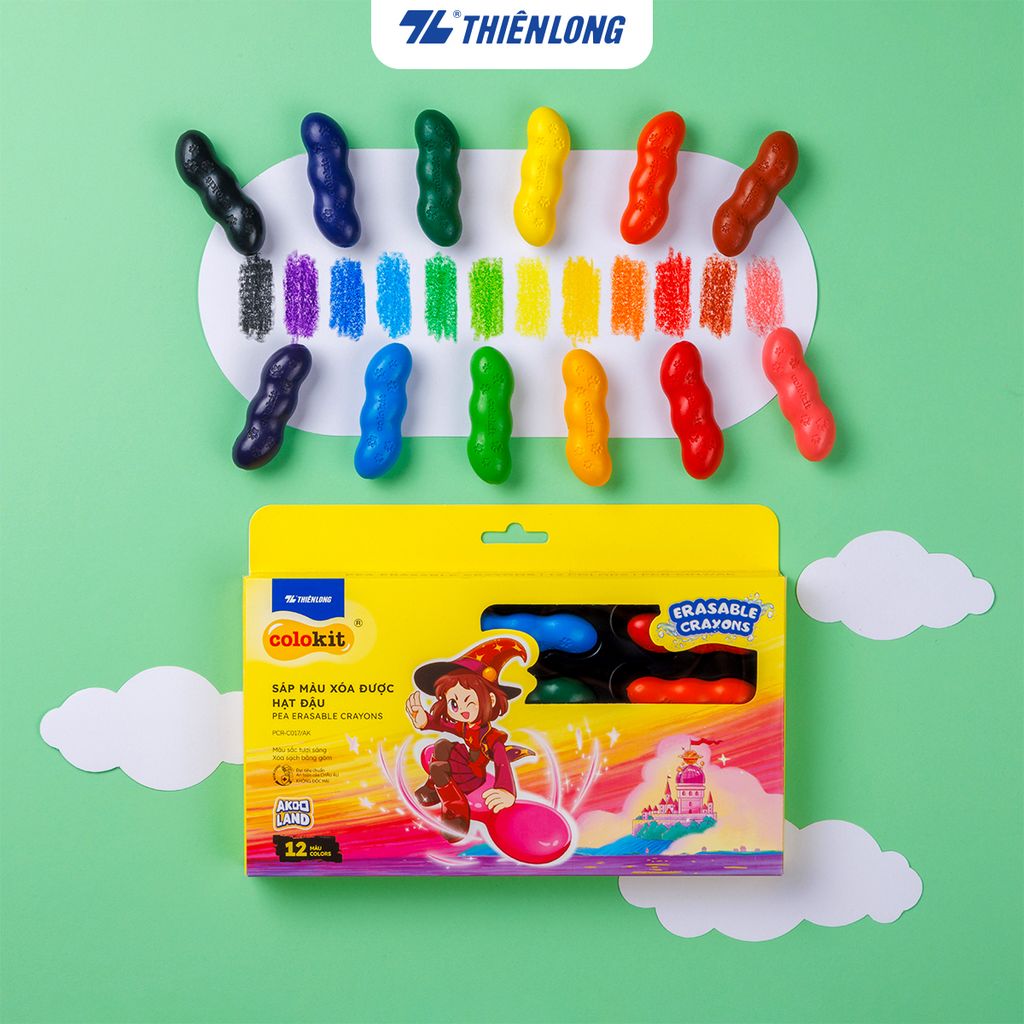 Sáp nhựa 12 màu xóa được - Erasable Crayons Thiên Long Colokit - Nhân vật Futy Akooland thế giới học cụ thần kỳ