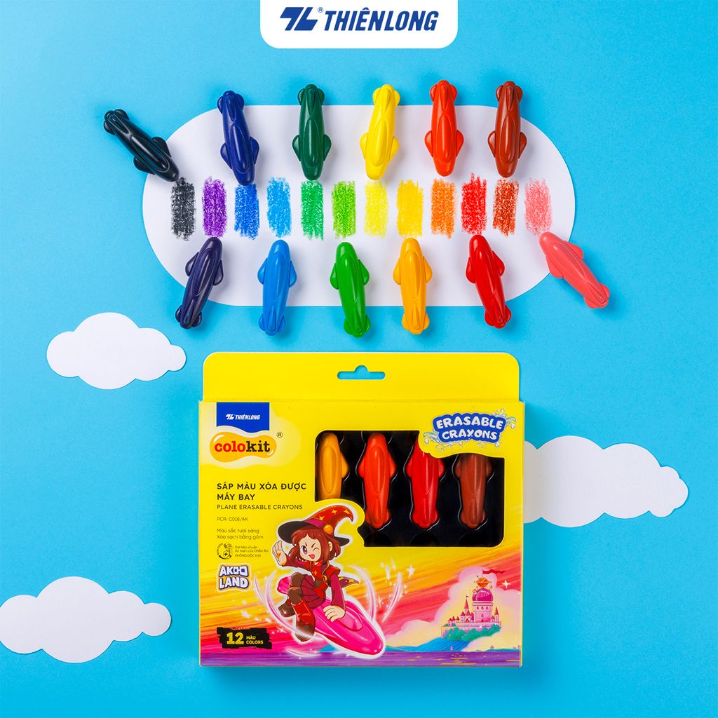 Sáp nhựa 12 màu xóa được - Erasable Crayons Thiên Long Colokit - Nhân vật Futy Akooland thế giới học cụ thần kỳ