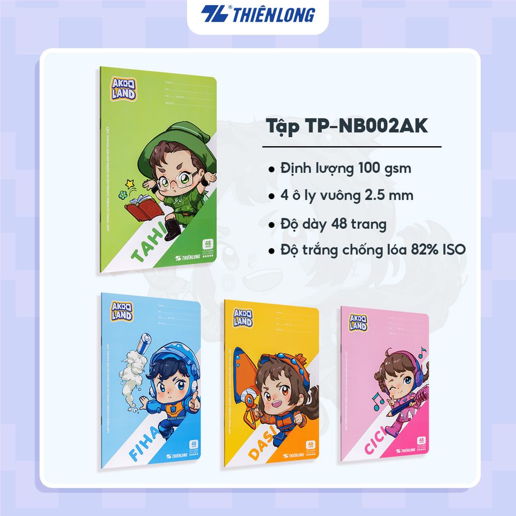Tập học sinh 48 trang 4 ô ly vuông 2.5mm 80-100gsm Thiên Long - Akooland thế giới học cụ thần kỳ - Mẫu ngẫu nhiên