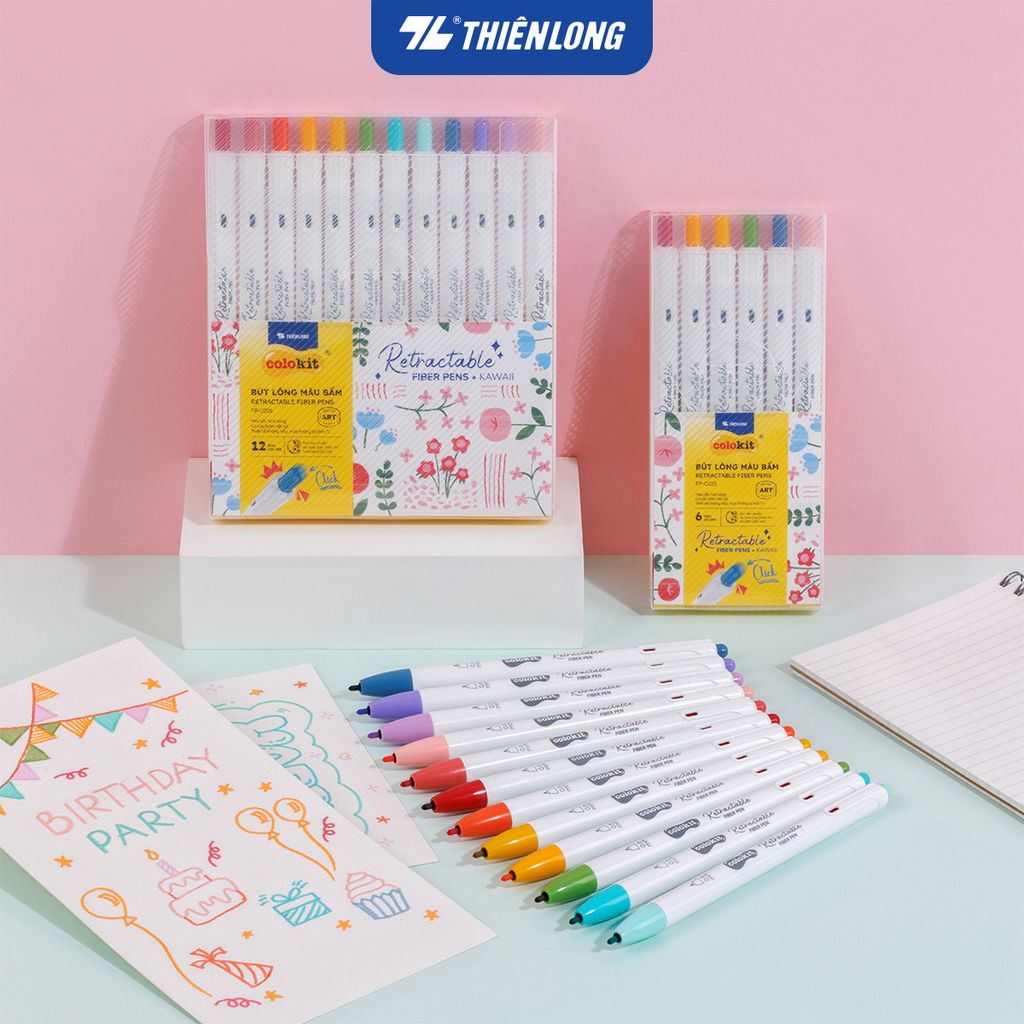 Bút lông 6/12 màu dạng bấm Retractable Fiber Pens Kawaii Thiên Long Colokit - 0.6mm