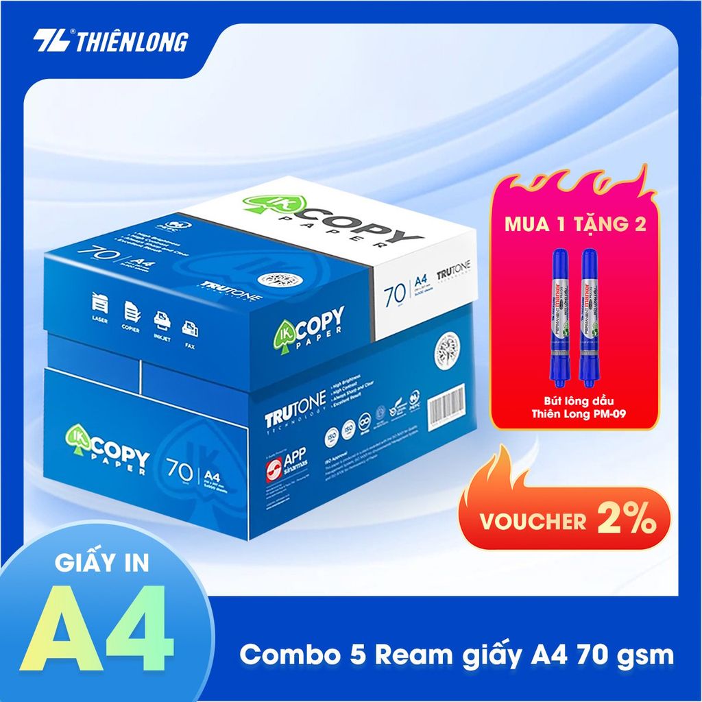 Combo 5 Ream giấy A4 70 gsm IK Copy (500 tờ) - Hàng nhập khẩu Indonesia